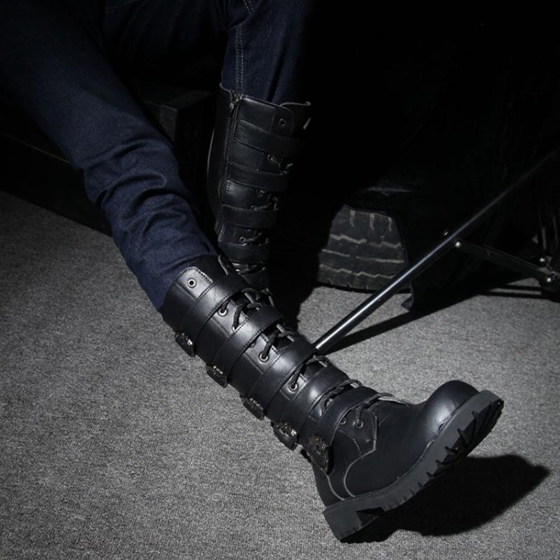 Herren Leder Motorradstiefel Wadenhohe Stiefel Gotische Gürtel Rock Punk Schuhe Outdoor Schwarzer Freizeitstiefel Winter Große Größe Herren Stiefel