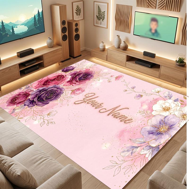 Floral Garden Theme Crystal Velvet Floor Rug Personalized Custom Name Text Warm Carpet Home Decoration