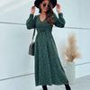Green Leopard Print Chic Women Dress High Waist Long Sleeve V Neck Long Dress