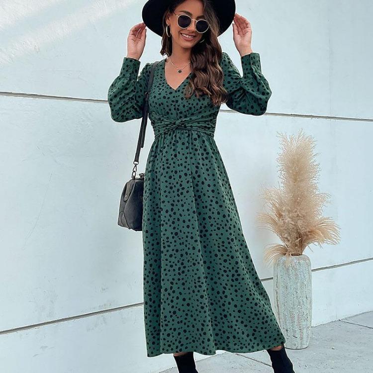 Green Leopard Print Chic Women Dress High Waist Long Sleeve V Neck Long Dress