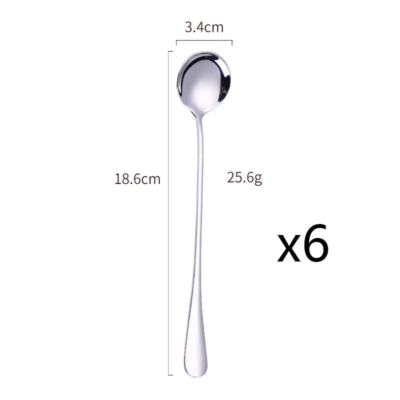 6Pcs Stainless Steel Coffee Tea Stir Spoon Long Handle Ice Cream Dessert Spoons Stainless Steel Tableware Set Kitchen Supplies