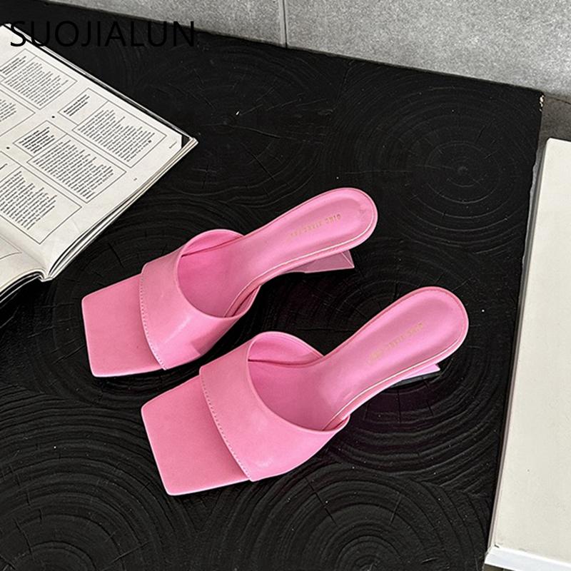 Fashion SUOJIALUN 2024 Summer New Brand Women Slipper Fashion High Wedge Heel Ladies Elegant Dress Slides Shoes Square Toe Slip On Sanda