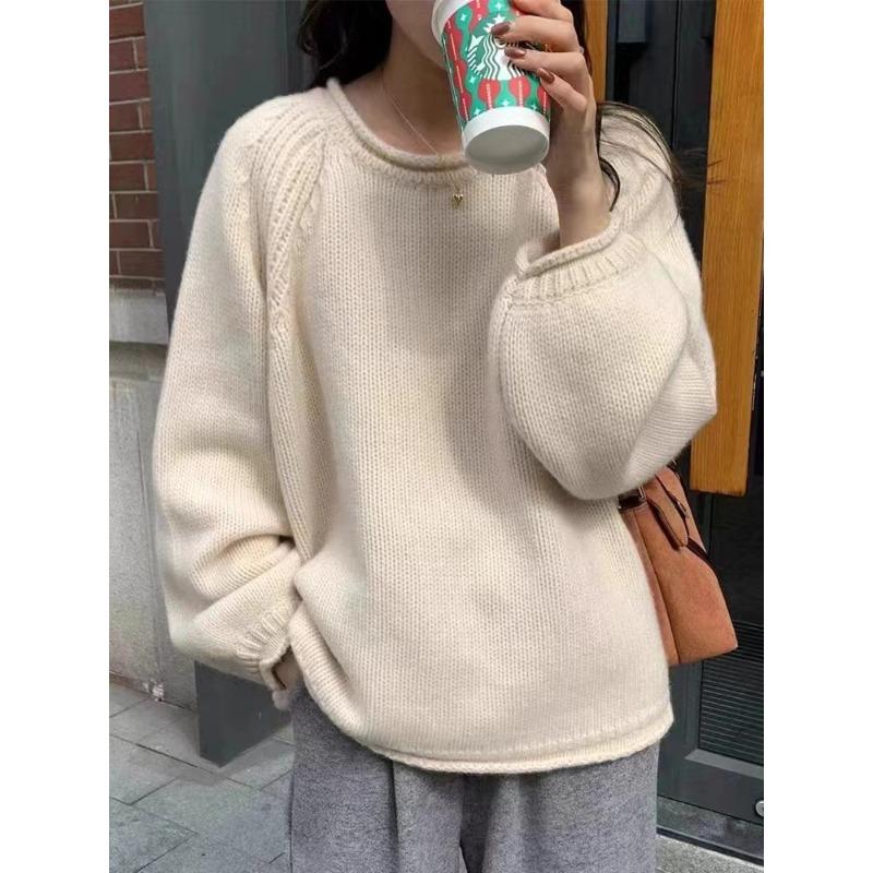 Gekräuseltes einfarbiges sanftes lockeres Strickoberteil vielseitiger lässiger weicher wachsartiger Pullover mit niedrigem Rundhalsausschnitt für Damen