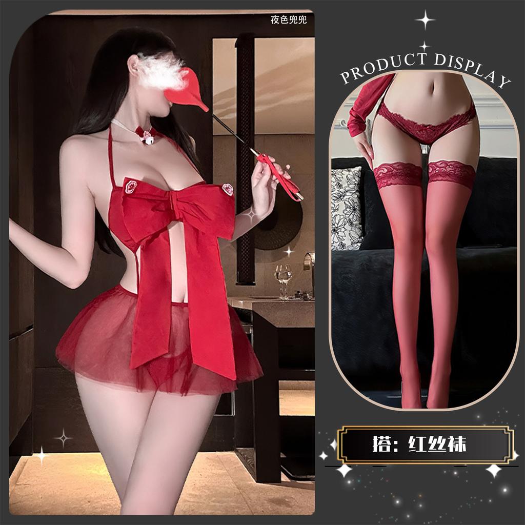 Sexy underwear Sexy pajamas Women's pure desire mesh big bow suspender skirt Perspective backless super short nightdress