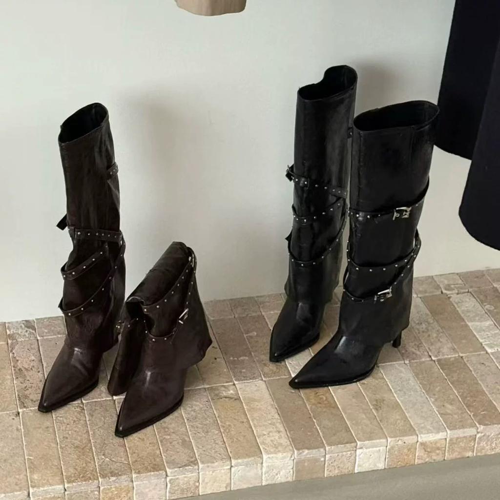 Stylish! Pointed Thin Heel Boots Women's High Heel Rivet Locomotive Boots Belt Buckle High Trousers Knight Boots
