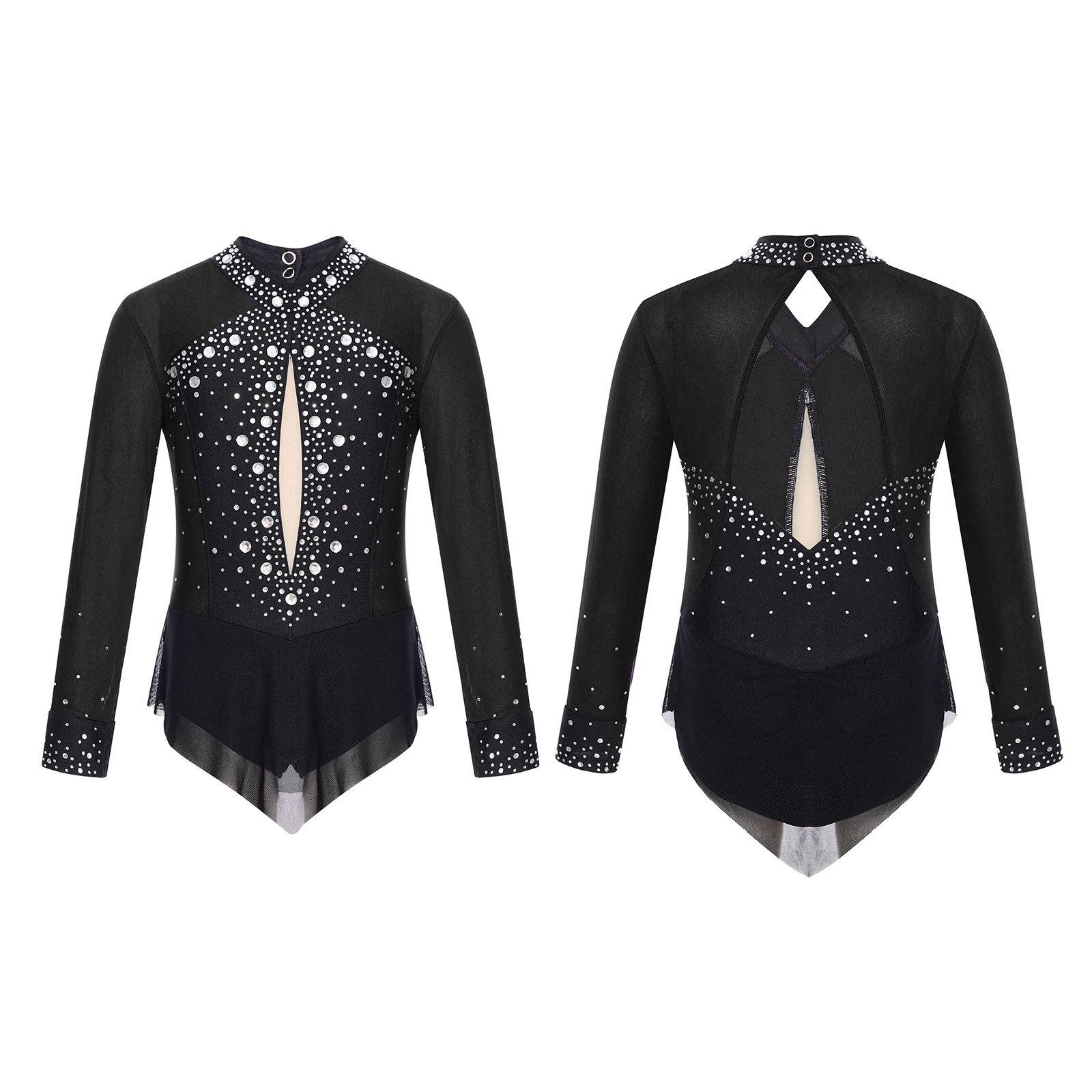 IEFiEL Kinderen Meisjes Glanzende Transparante Mesh Lange Mouw Kunstschaatsen Gymnastiek Ballet Dans Leotards Bodysuit 15-16 Years zwart