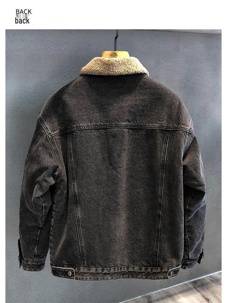 Men's Retro Winter Denim Jacket with Lambswool Lining - Trendy, Handsome, and Warm Cotton Outerwear