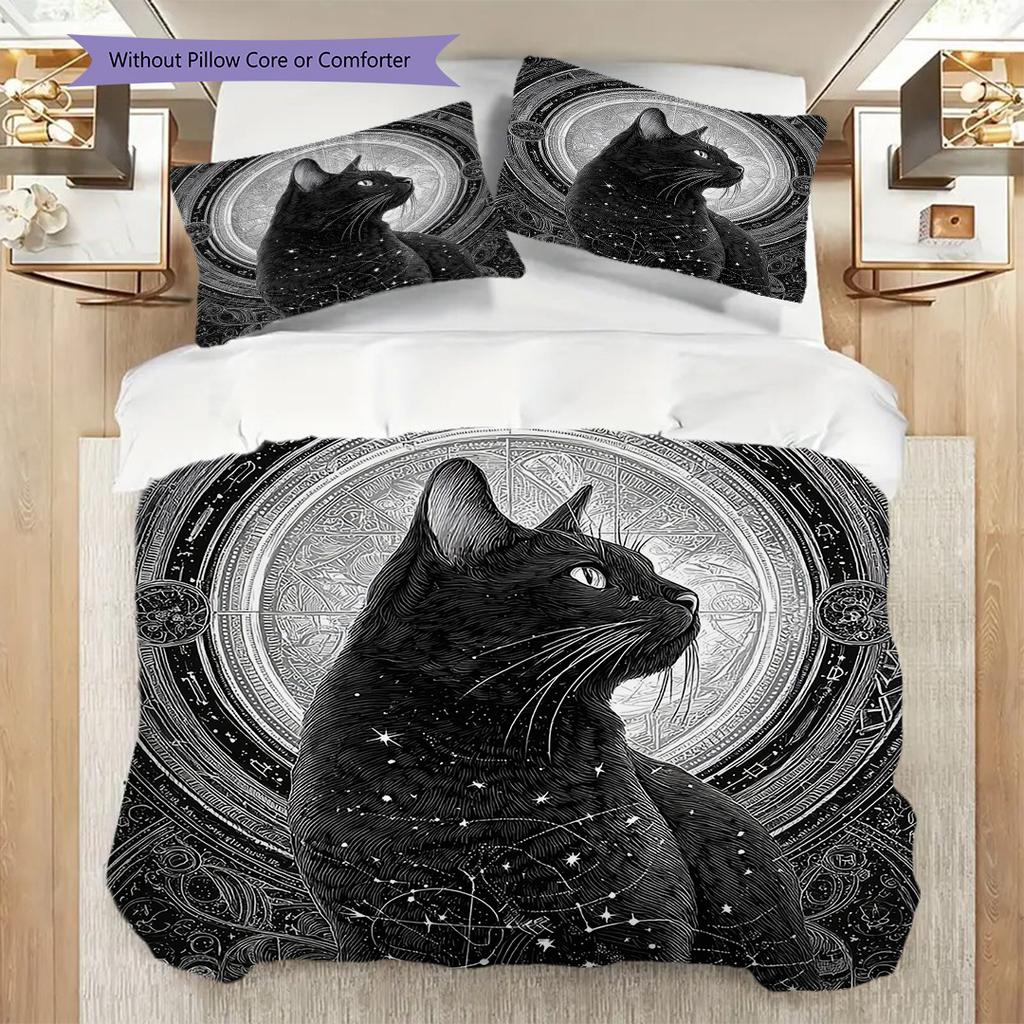 Black Cat Pattern Bedding Quilt Set Quilt Cover Pillowcase Home Decoration Birthday Gift (1 * Duvet Cover + 2 * Pillowcase, Without Core)