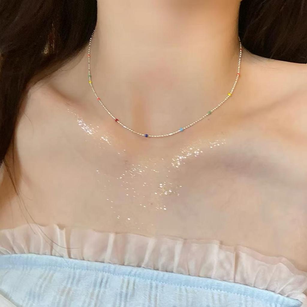 925 Sterling Silver Hyuna-Style Colorful Bead Necklace - Summer Instagram Beaded Choker for Women