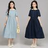 Summer Kids Student Waisted Party Dresses Child Clothes Teens Girls Daily Wear Button 4-12 Year