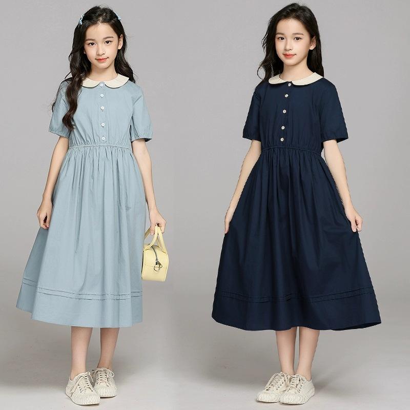 Summer Kids Student Waisted Party Dresses Child Clothes Teens Girls Daily Wear Button 4-12 Year