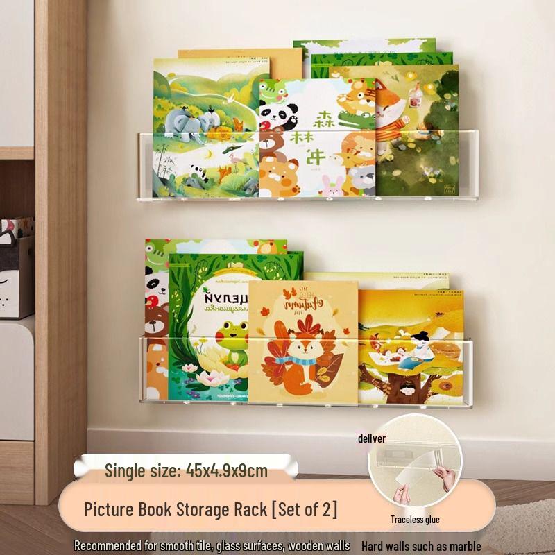 Wall-Mounted Children's Transparent Bookshelf: Punch-Free Storage Rack for Books