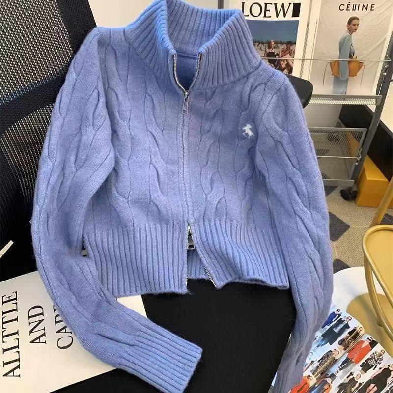 Korean Retro Zippered Embroidered Cable Collar Sweater Jacket for Autumn/Winter