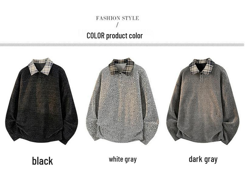 Men's Trendy Knit Polo Collar Plaid Patchwork Hoodie - Retro Style, Long Sleeve, Plus Size