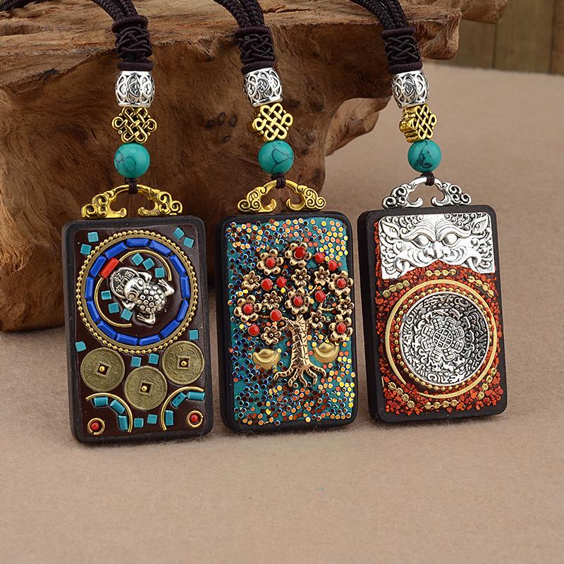 Ebony Tangka Necklace with Ethnic Na Fu Pendant - Buddha Amulet for Men & Women