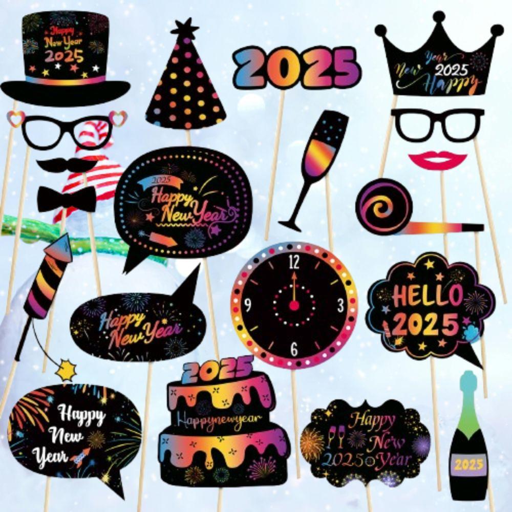 20pcs Colorful 2025 New Year Photo Booth Props Cartoon Happy New Year Decor  Birthday Party Supplies