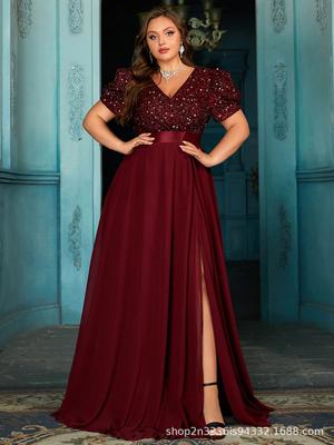 European V-neck Sequin Chiffon Evening Gown with Slit