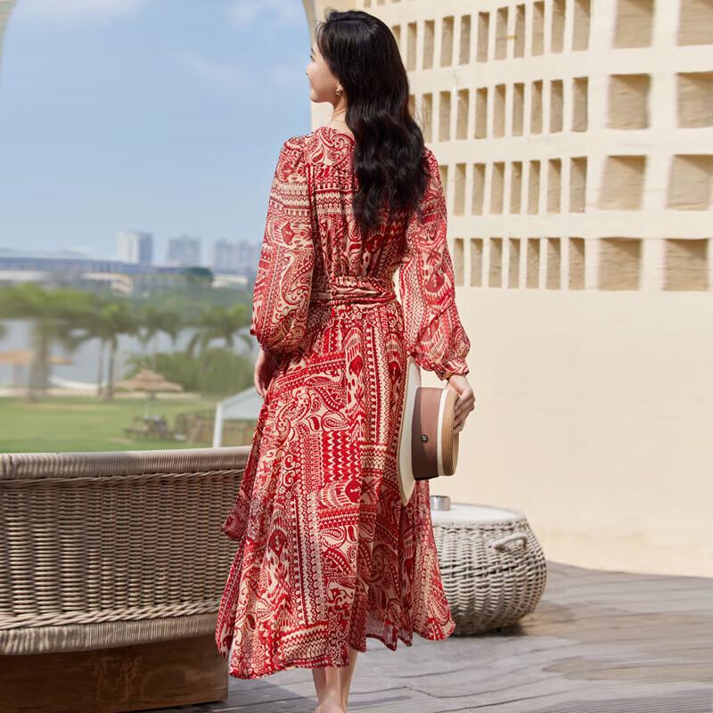 Shangdubila Red Floral V-Neck Midi Dress