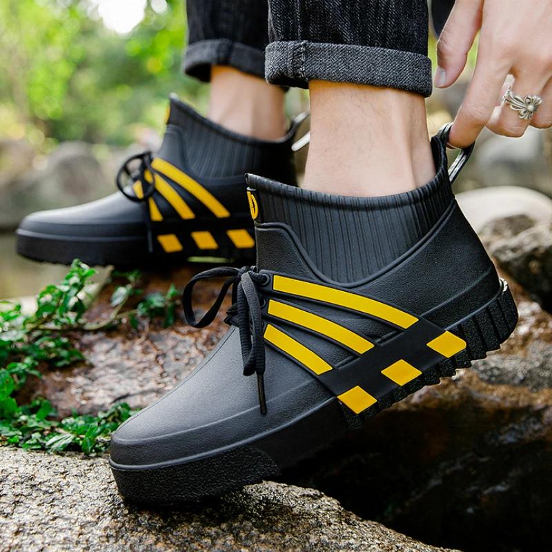 מגפי גשם עמידים למים לגברים נעליים שטוחות יומיומיות מגפונים מגומי נעלי עבודה בטיחות גלגלים מגפי גומי לדיג לבעל נעלי מטבח