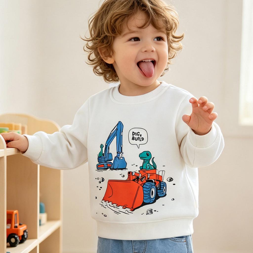 Toddler Baby Neck Sweatshirt with Animal Car Print - Long Sleeve Casual Pullover Top for Boys Girls