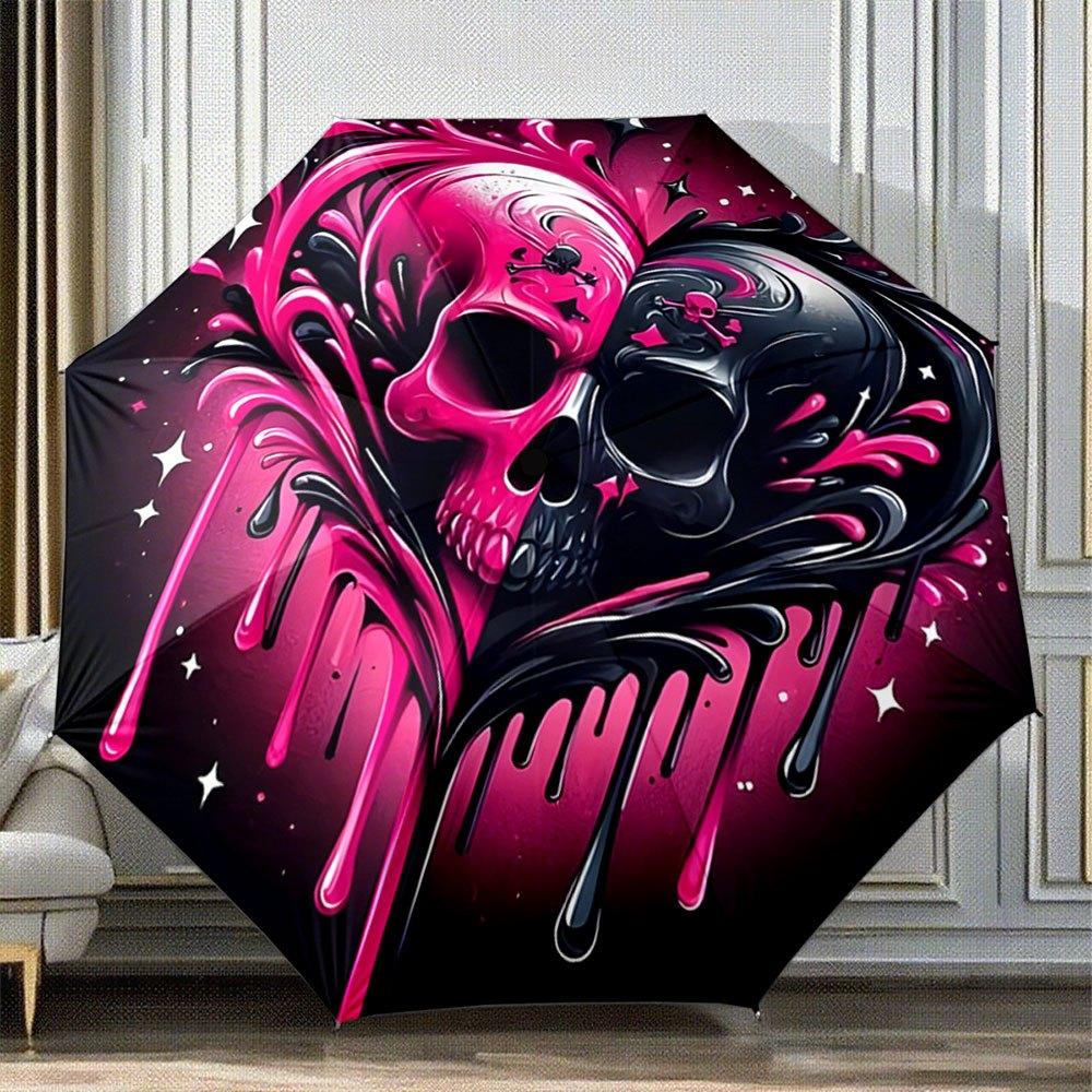 

Foldable Umbrella with Bold Dripping Paint Design & Skull Motif - Black & Pink, 8-Rib Automatic Open, Compact Travel Umbrella Iron&8K
