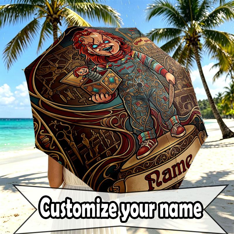 Custom Name Personalized Horror Theme Chucky Print Umbrella, Auto Open Close, 8‑Rib Sturdy Frame, Commute Camping Hiking Use, Birthday Gift