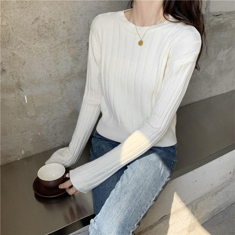 Maglione pullover lavorato a maglia retrò autunnale da donna, scollo a V, manica lunga, strisce verticali, fondo lavorato a maglia, esterno largo, colore solido