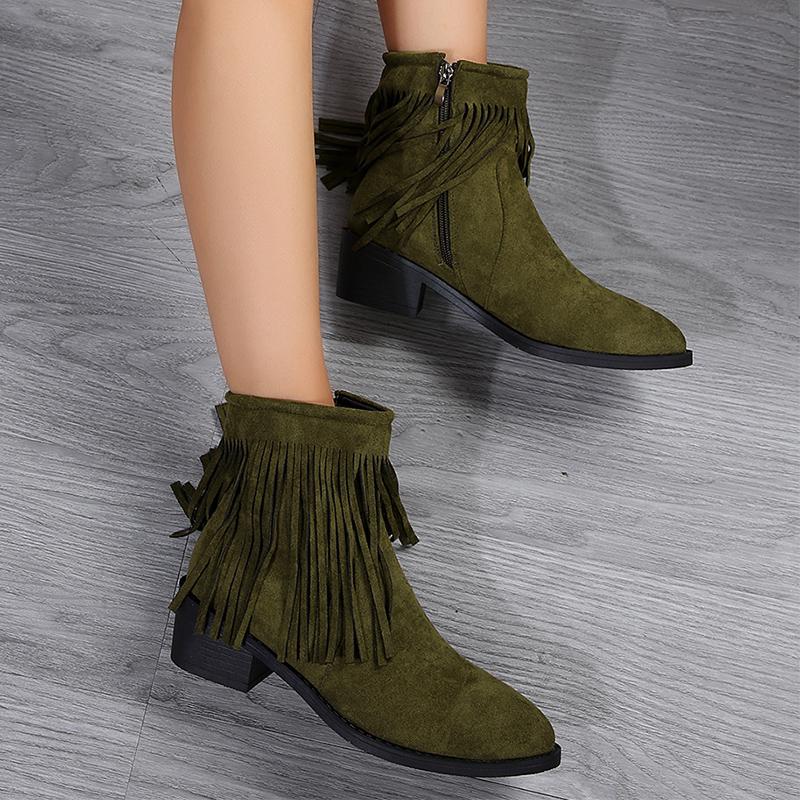 fashion Womens Boots for Vintage Tassel Cowgirl Suede Leather Point Toe Large Size Female Boots Winter Thick Heel Zipper Western Booties