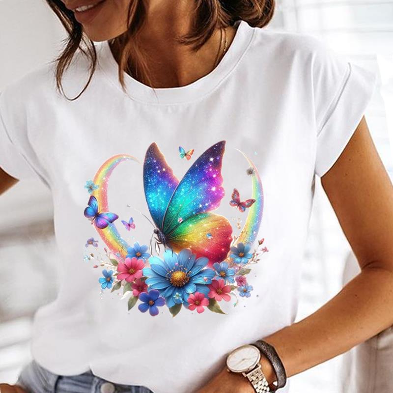 (Asian Size)  Tee Top Short Sleeve T Shirt cartoon butterfly style Women Clothing Casual Fashion Print Lady Female Graphic T-shirts