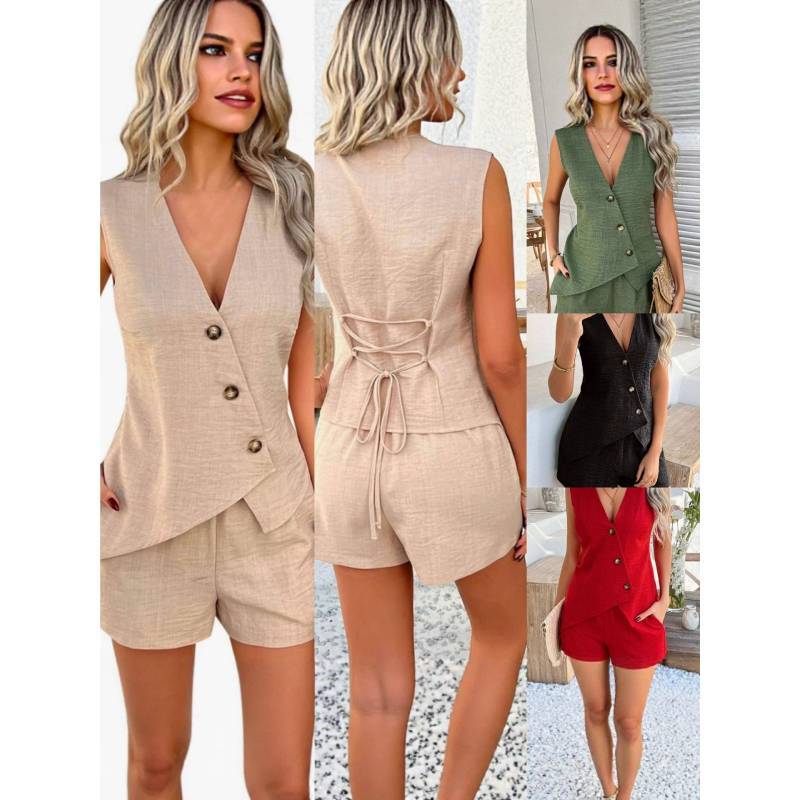 Fashion Summer Womens Casual Sets With Polyester Blend Button Plaid Blouse And Shorts For Street Style