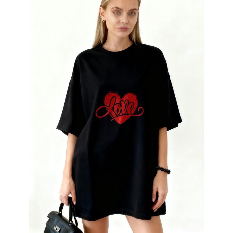Oversized T Shirt Dress Black Love Heart Print Graphic For Casual Outfits And Everyday Wear