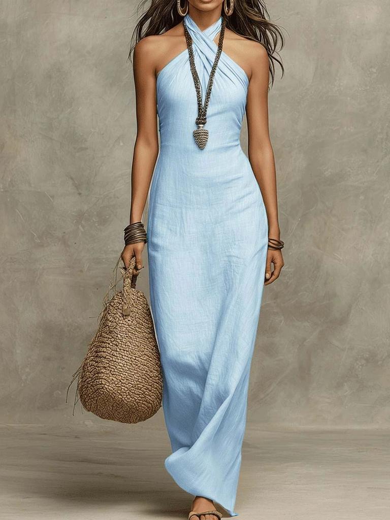 Women Halter Neck Sleeveless Maxi Dress Solid Color Casual Summer Beach Dress