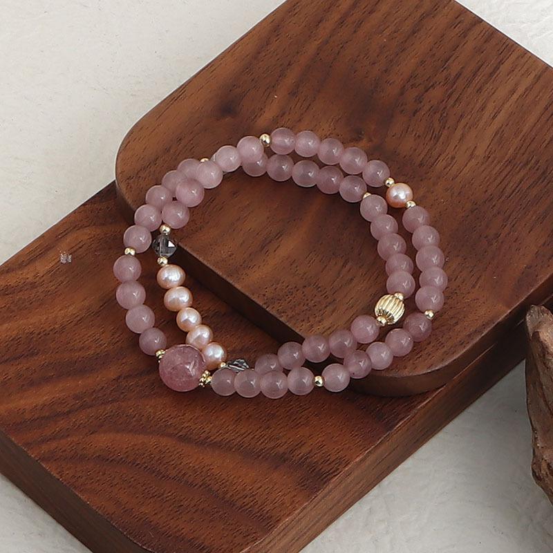 Natural powder crystal strawberry crystal double circle bracelet DIY handmade round beads wholesale natural crystal bracelet popular jewelry