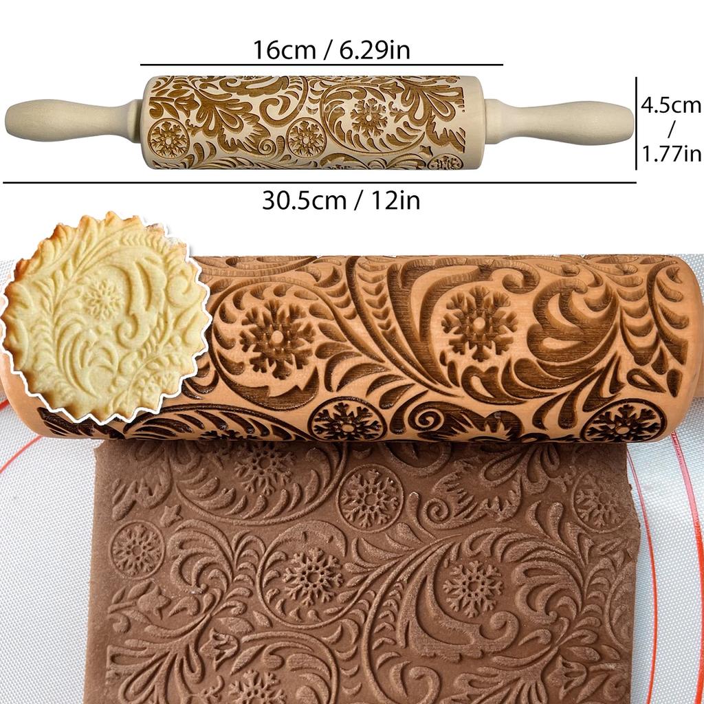 1 ks Dřevěný vánoční váleček s květinovými vzory a vzorem sobů pro kuchyňské pečivo, DIY pekařské nástroje, embosovaná 3D forma na sušenky