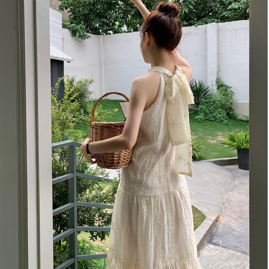 Holiday Style Long Dress Women's French Neck Skirt Summer Chiffon Dress Gentle Wind Embroidery A Word Skirt Women's Fashion Trend