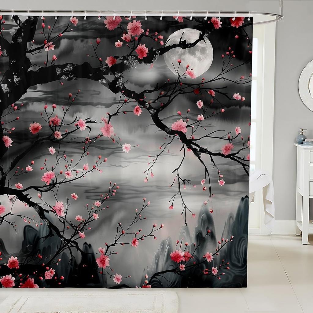 Boys Girls Japanese-Style Shower Curtain Red Cherry Bath Curtain Mount Fuji Bathroom Accessories Teens Bedroom Decor