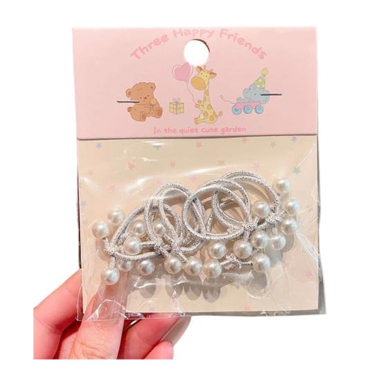 

10Pcs Hair Ropes High Elasticity Imitation Pearl Decor Bow Shape Hair Ties Mini Thumb Loop Design Soft Cloth Hair Accessories B