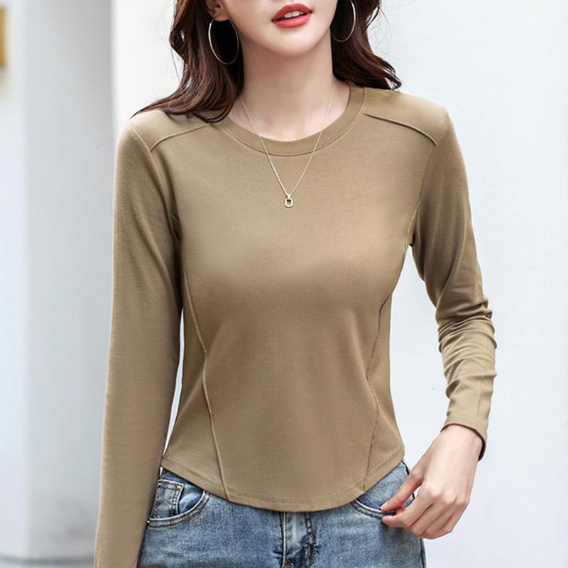 

Весенне-осенняя женская блузка с круглым вырезом, однотонный топ с короткими рукавами и длинными рукавами L хаки
