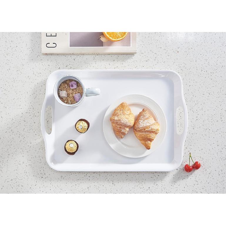Blue Boat 16.5" x 11.5" Serving Trays Set of 2 White, Dinner Tray, Light Weight Easy to Clean Sturdy Stackable Melamine Serving Tray with Handle,