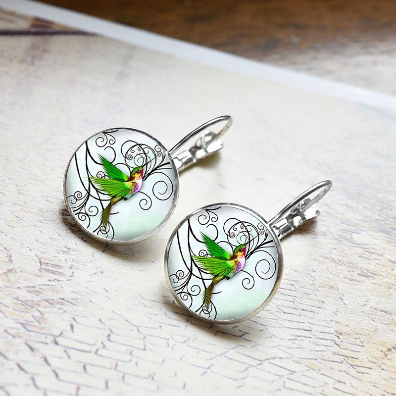 Fashion Hummingbird Glass Dome Cabochon Earrings For Women Rainforest Bird Jewelry Accessories