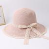 Solid Color Straw Hat for Women Fashion Lace Bow Wide Brim Travel Beach Sunshade Fisherman Cap Girls Outdoor Dome Basin Hat
