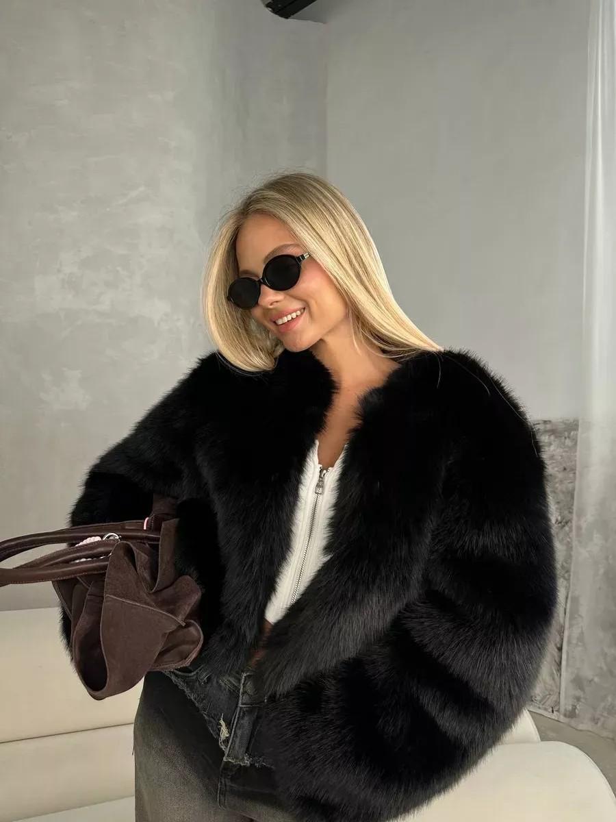 

Женский плюшевый кардиган из искусственного меха, осенне-зимний, утолщенный, теплый и экологичный, пушистая куртка L чёрный