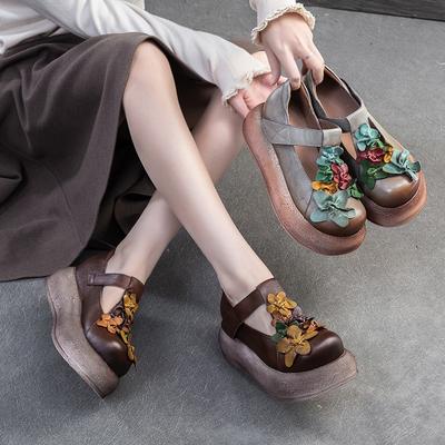 Retro Round Toe Thick Soled Shoes Genuine Leather Flower Women's Flat Platform Shoes
