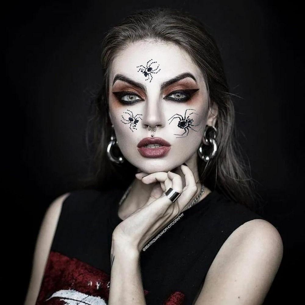 Black Halloween Temporary Tattoos 3D Halloween Face Rhinestone Sticker Festive