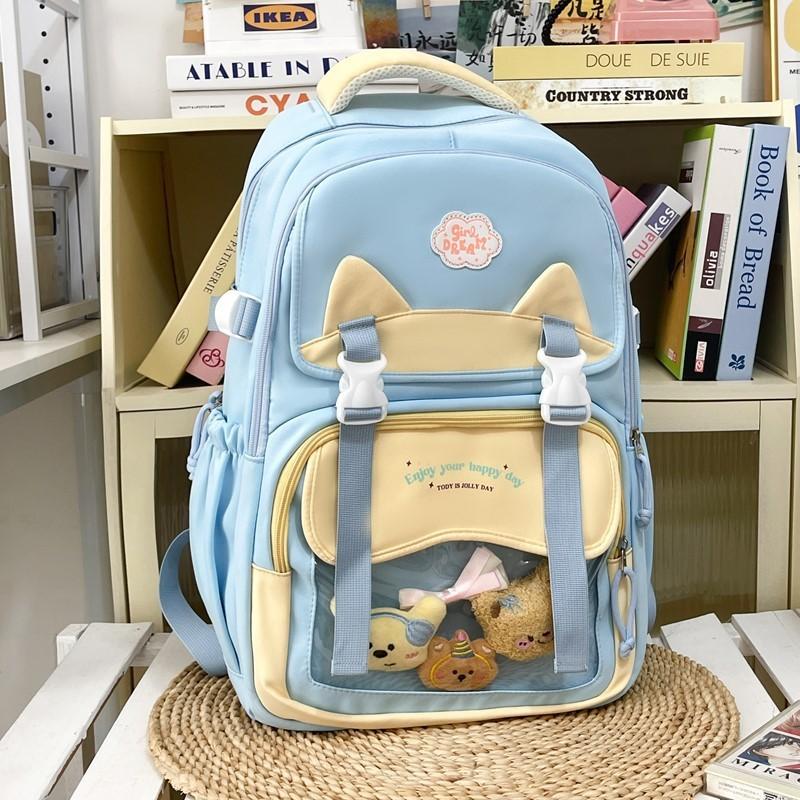 Lightweight Nylon Backpack With Dual Compartments And Color Block Accents