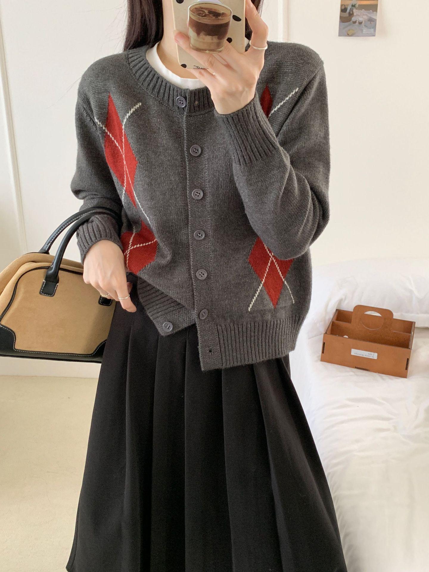 

Женский кардиган из мериносовой шерсти с узором аргайл - Сексуальный свитер с круглым вырезом для осени/зимы One Size темно-серого