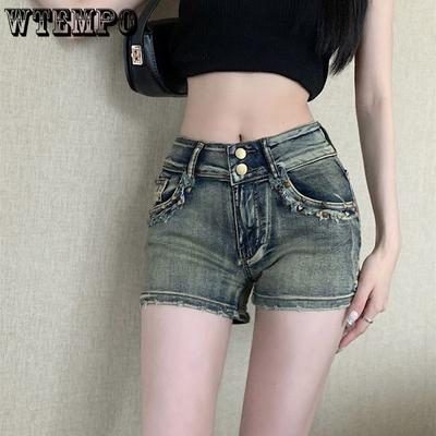 Shorts en denim pour femmes américaines Jambe droite Rétro Élastique Taille basse Shorts moulants