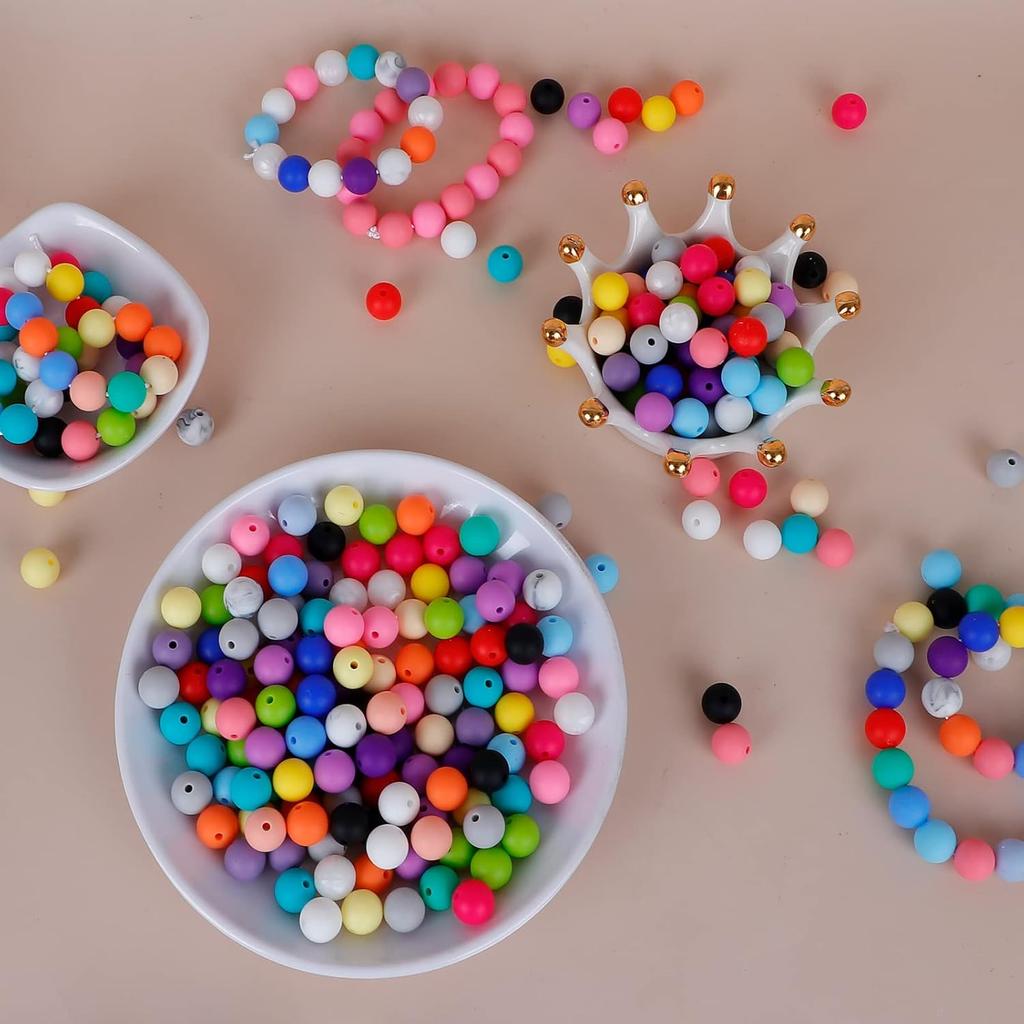 Keyzone Silicone Beads Bulk Kit 500Pcs 12mm, Silicone Beads for Keychain Making Round Shapes 25 Multicolor, DIY Necklace Bracelet Rubber Beads for