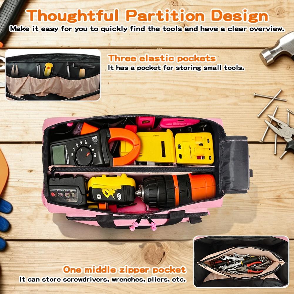 Pink Tool Bag 40 Cm Length Polyester Material with Multiple Compartments for Electric Drill Wrenches Screwdrivers Pliers