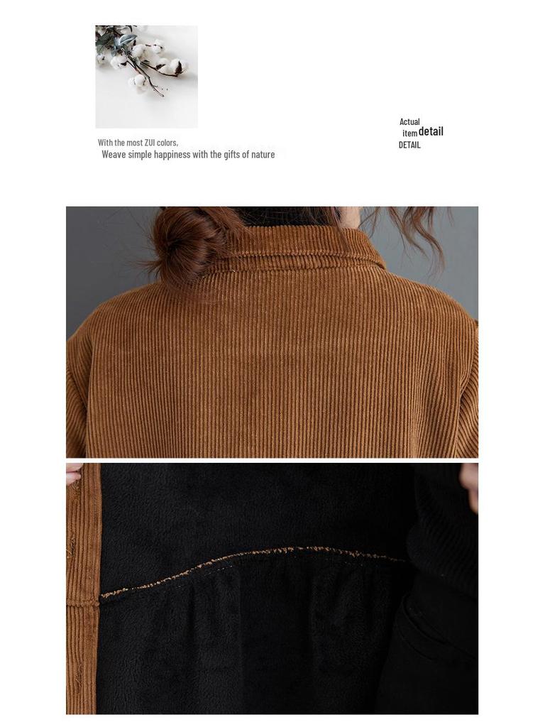 In Stock: Women's Korean Style Plus Velvet Corduroy Trench Coat - Thickened, Long Sleeve, Single-Breasted, 2025 Winter Edition.